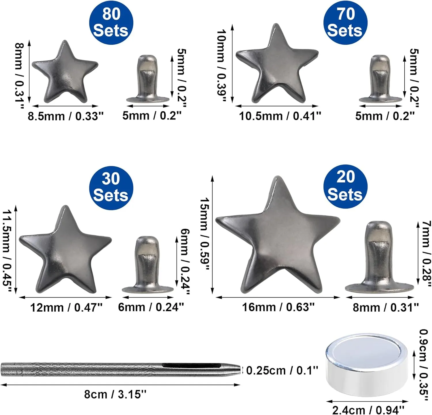 YORANYO 200 Sets Leather Rivets Kit Mixed Sizes - Star Studs for Clothing Fabric - Gunmetal Rivets With Crafting Tool for Repair Decorate Jackets Shoes Bags Belts Purse