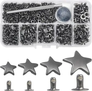 YORANYO 200 Sets Leather Rivets Kit Mixed Sizes - Star Studs for Clothing Fabric - Gunmetal Rivets With Crafting Tool for Repair Decorate Jackets Shoes Bags Belts Purse