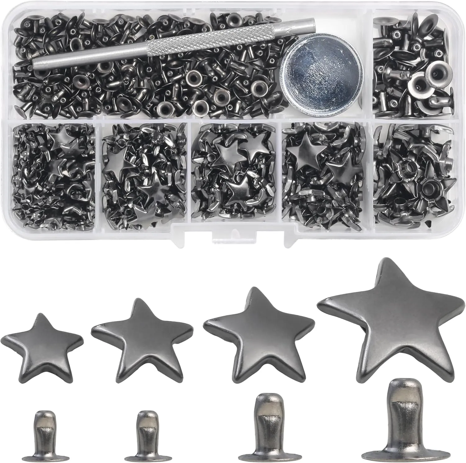YORANYO 200 Sets Leather Rivets Kit Mixed Sizes - Star Studs for Clothing Fabric - Gunmetal Rivets With Crafting Tool for Repair Decorate Jackets Shoes Bags Belts Purse