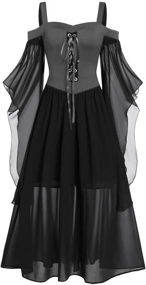 YRAETENM Medieval Costume Women Cold Shoulder Steampunk Gothic Dresses Butterfly Sleeve Maxi Dress Renaissance Costume