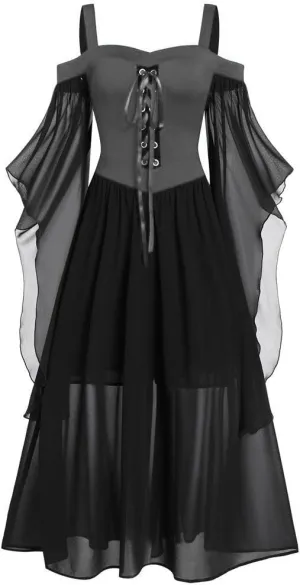 YRAETENM Medieval Costume Women Cold Shoulder Steampunk Gothic Dresses Butterfly Sleeve Maxi Dress Renaissance Costume