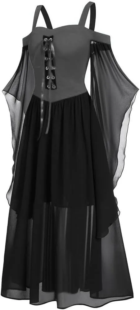 YRAETENM Medieval Costume Women Cold Shoulder Steampunk Gothic Dresses Butterfly Sleeve Maxi Dress Renaissance Costume