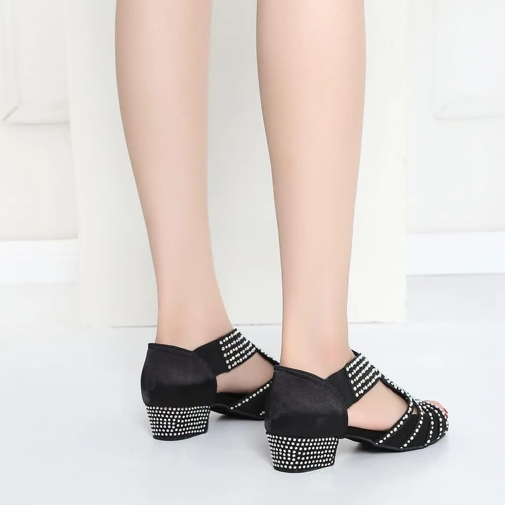 YYTing Full Rhinestones Ballroom Dance Shoes Women Latin Salsa Wedding Indoor Crystalss Suede Sole Slipper 1.5in Heels