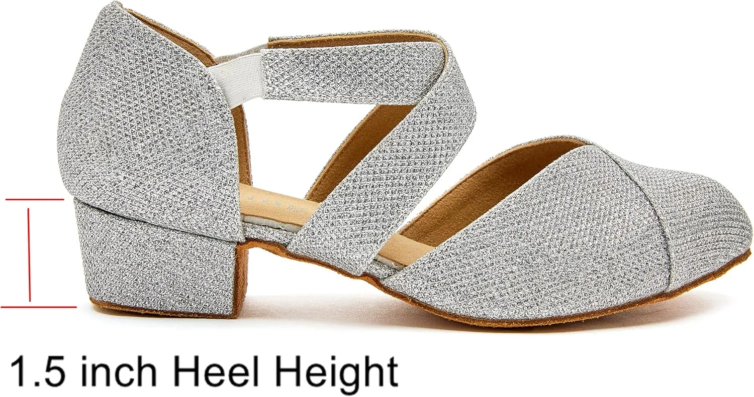 YYTing Women Swing Latin Ballroom Dance Shoes (Closed Toe, Suede Sole, Elastic Closure) 1.5 inch Heel YT26