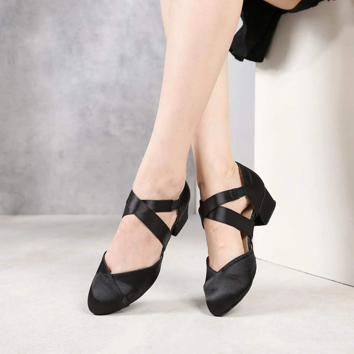 YYTing Women Swing Latin Ballroom Dance Shoes (Closed Toe, Suede Sole, Elastic Closure) 1.5 inch Heel YT26