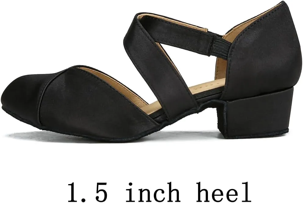 YYTing Women Swing Latin Ballroom Dance Shoes (Closed Toe, Suede Sole, Elastic Closure) 1.5 inch Heel YT26