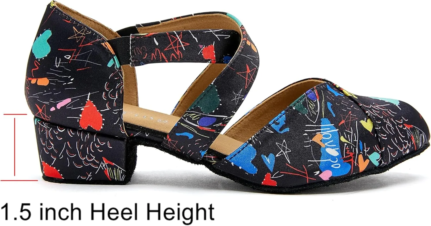 YYTing Women Swing Latin Ballroom Dance Shoes (Closed Toe, Suede Sole, Elastic Closure) 1.5 inch Heel YT26