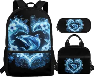 Yzaoxia Boho Backpack and Lunch Bag Set for Boys Kids Dolphins Bookbag for Girls 7-8 School Bag with Lunch Box Set 3 Pieces Book Bag 6th Grade Children Pencil Case