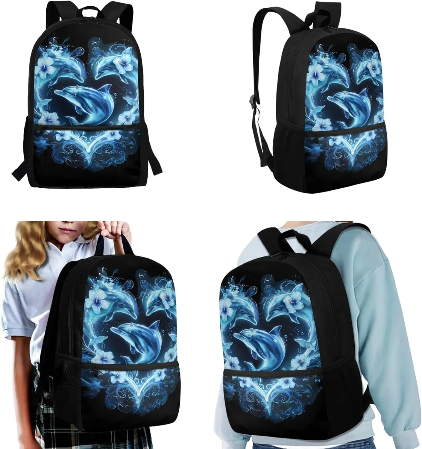 Yzaoxia Boho Backpack and Lunch Bag Set for Boys Kids Dolphins Bookbag for Girls 7-8 School Bag with Lunch Box Set 3 Pieces Book Bag 6th Grade Children Pencil Case