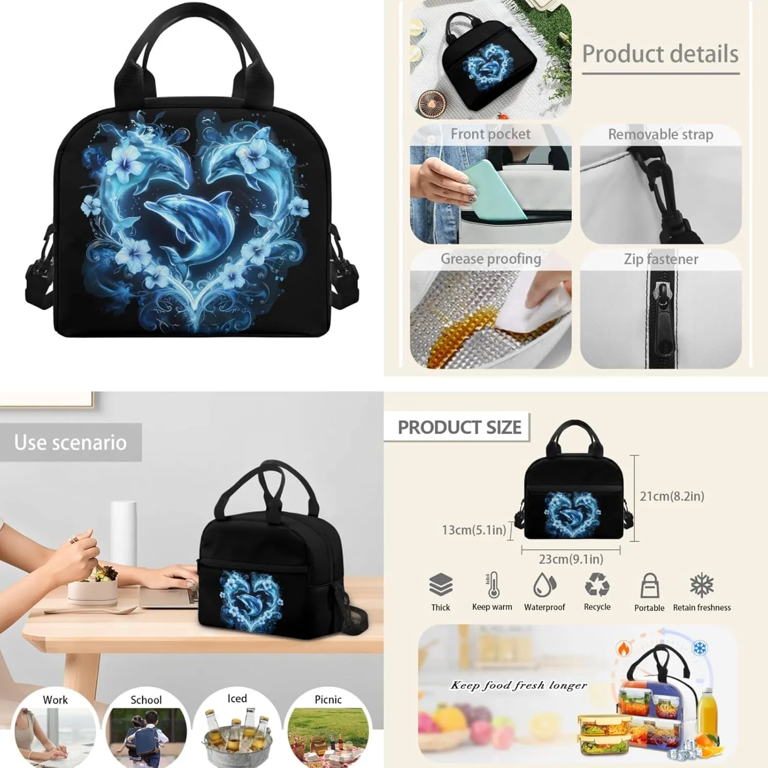 Yzaoxia Boho Backpack and Lunch Bag Set for Boys Kids Dolphins Bookbag for Girls 7-8 School Bag with Lunch Box Set 3 Pieces Book Bag 6th Grade Children Pencil Case