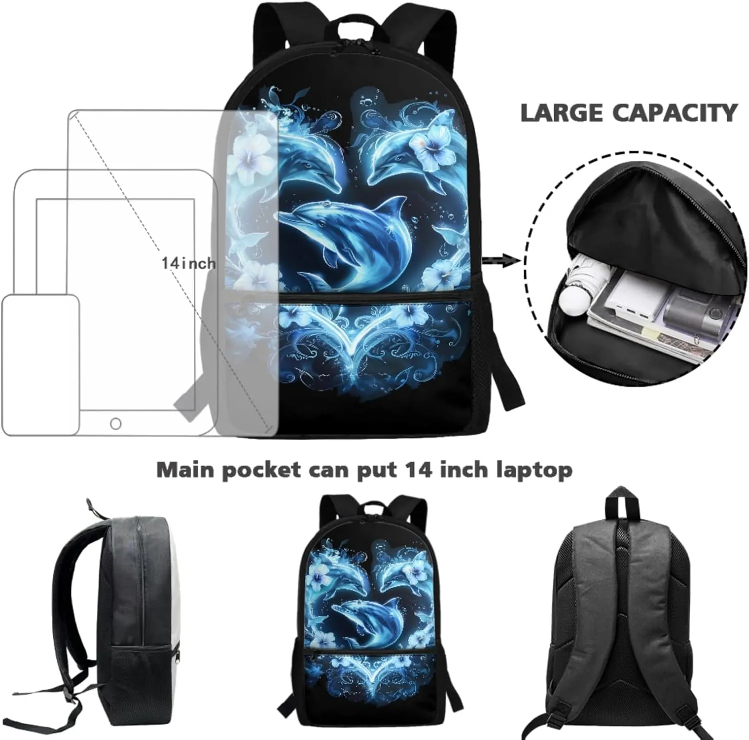 Yzaoxia Boho Backpack and Lunch Bag Set for Boys Kids Dolphins Bookbag for Girls 7-8 School Bag with Lunch Box Set 3 Pieces Book Bag 6th Grade Children Pencil Case