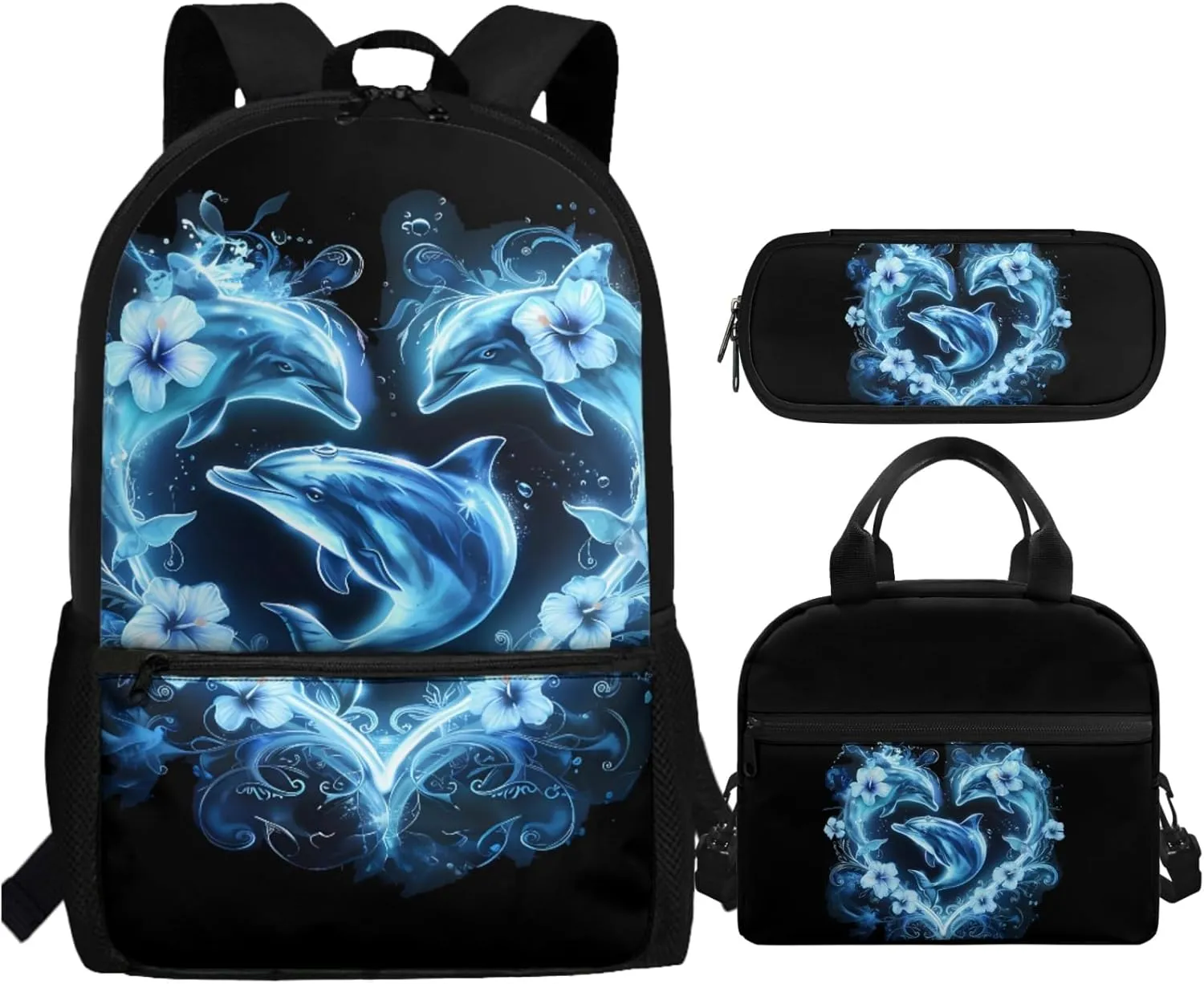 Yzaoxia Boho Backpack and Lunch Bag Set for Boys Kids Dolphins Bookbag for Girls 7-8 School Bag with Lunch Box Set 3 Pieces Book Bag 6th Grade Children Pencil Case