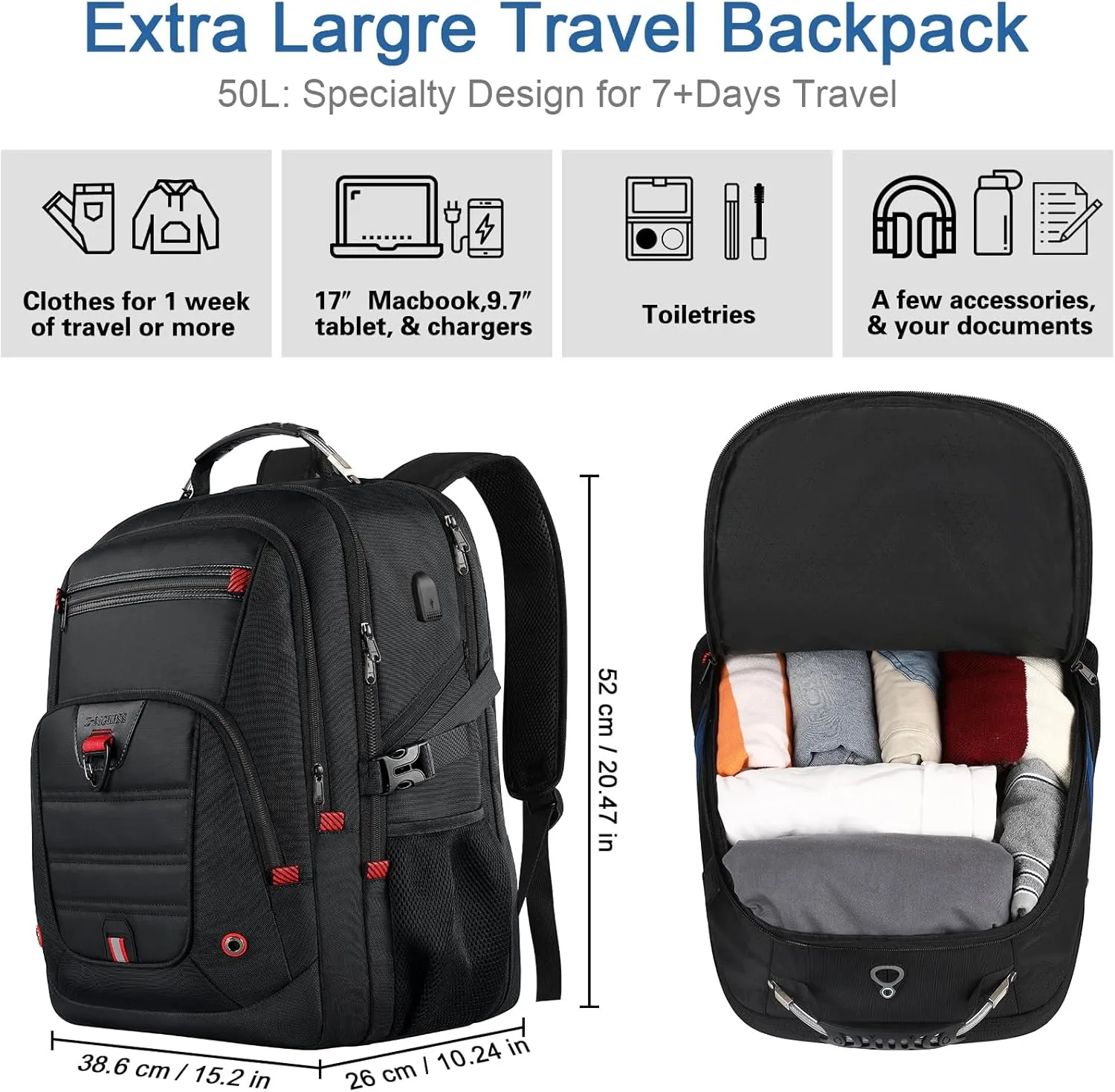 Z-MGKISS Extra Large Backpack for Men, Gaming Laptop Travel Bag Fits 18.4-19" Laptops, TSA Flight-Approved Backpack, Anti-Theft Gym College Business Work Mens Daypack, Black