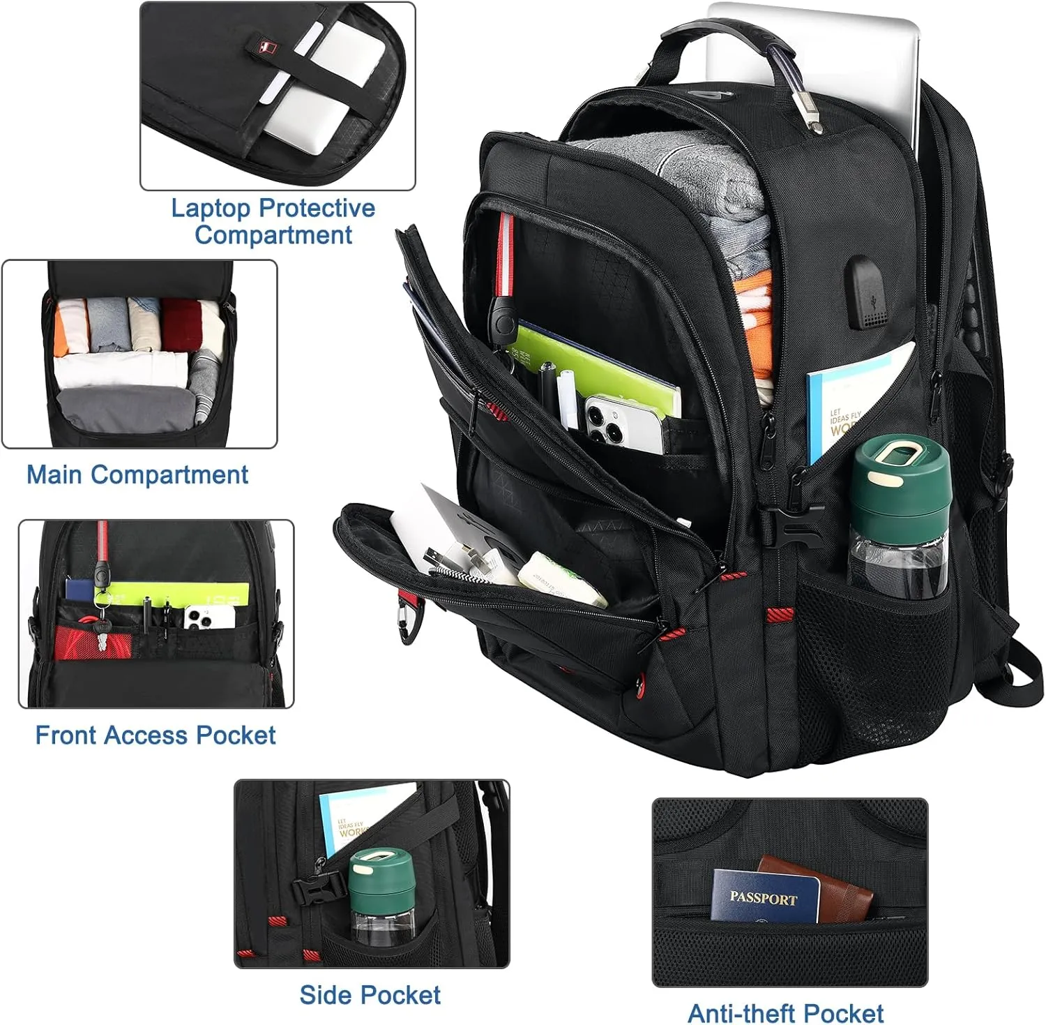 Z-MGKISS Extra Large Backpack for Men, Gaming Laptop Travel Bag Fits 18.4-19" Laptops, TSA Flight-Approved Backpack, Anti-Theft Gym College Business Work Mens Daypack, Black