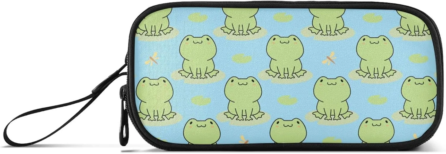 ZAZYXTJ Frog Large Capacity Pencil Case 3 Compartment Pen Pouch Storage Canvas Makeup Bag for School Office Teen Girl Boy Men Women