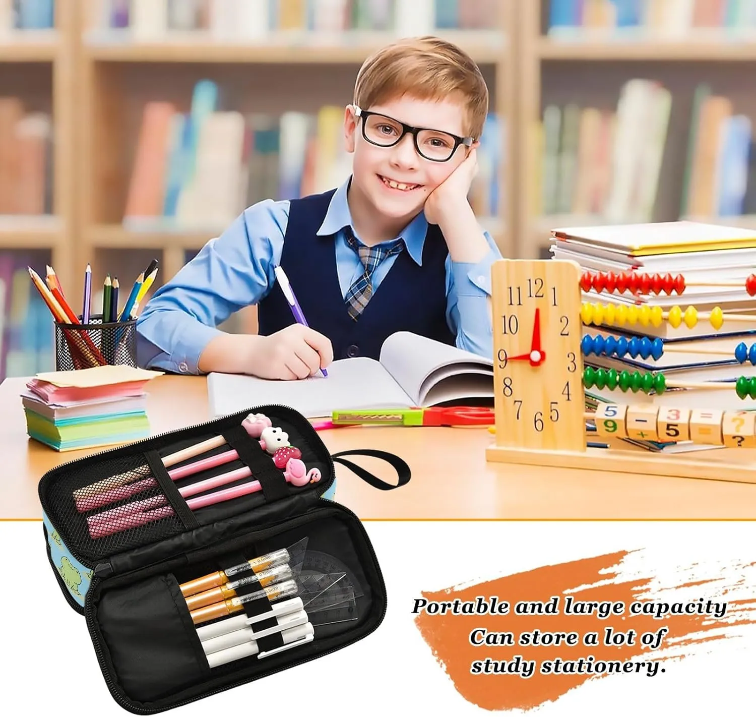 ZAZYXTJ Frog Large Capacity Pencil Case 3 Compartment Pen Pouch Storage Canvas Makeup Bag for School Office Teen Girl Boy Men Women