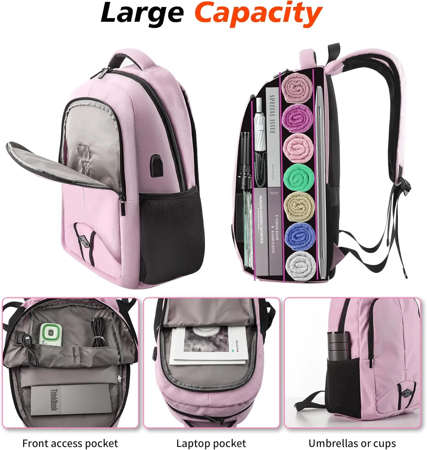 Zecti Travel Laptop Backpack for Men Women 17 Inch Casual Backpack for Work,Travel,Carry on College Backpack with USB Charging Hole, Water Resistant,Large Capacity Pink