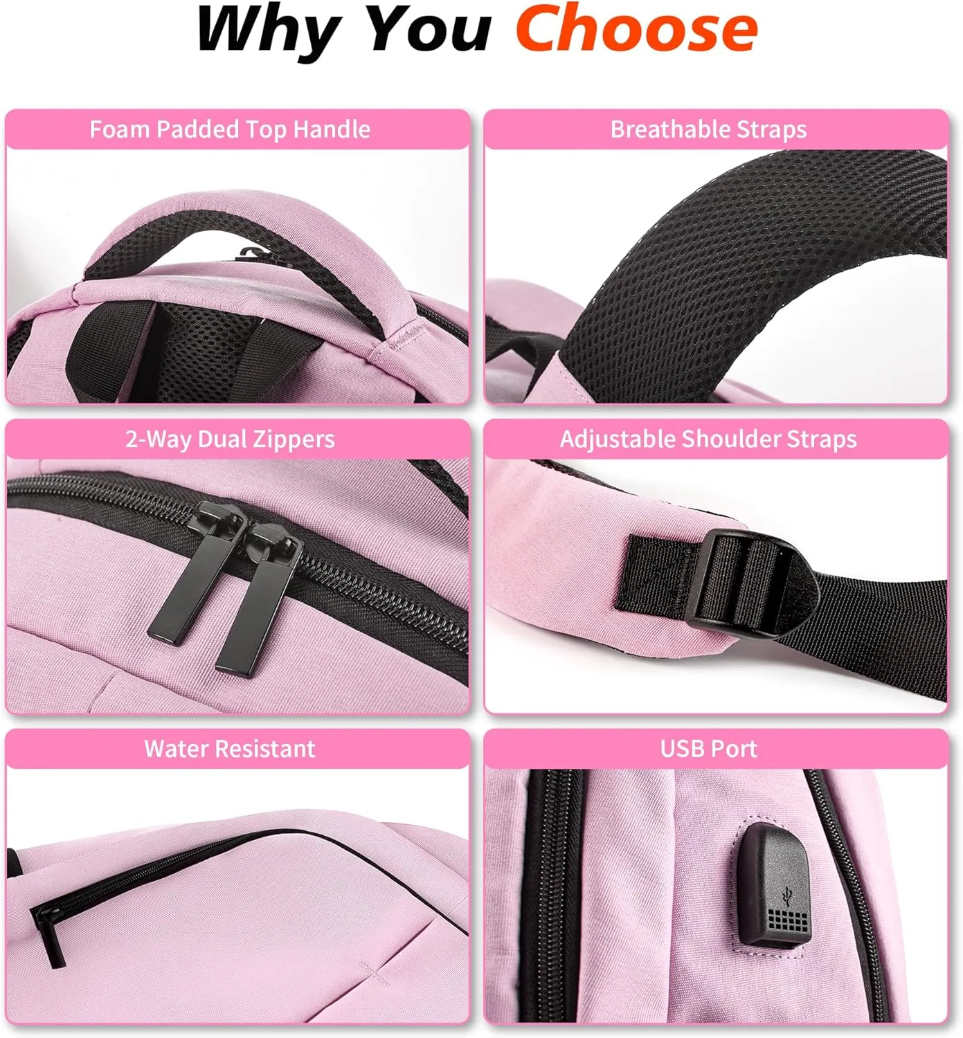 Zecti Travel Laptop Backpack for Men Women 17 Inch Casual Backpack for Work,Travel,Carry on College Backpack with USB Charging Hole, Water Resistant,Large Capacity Pink