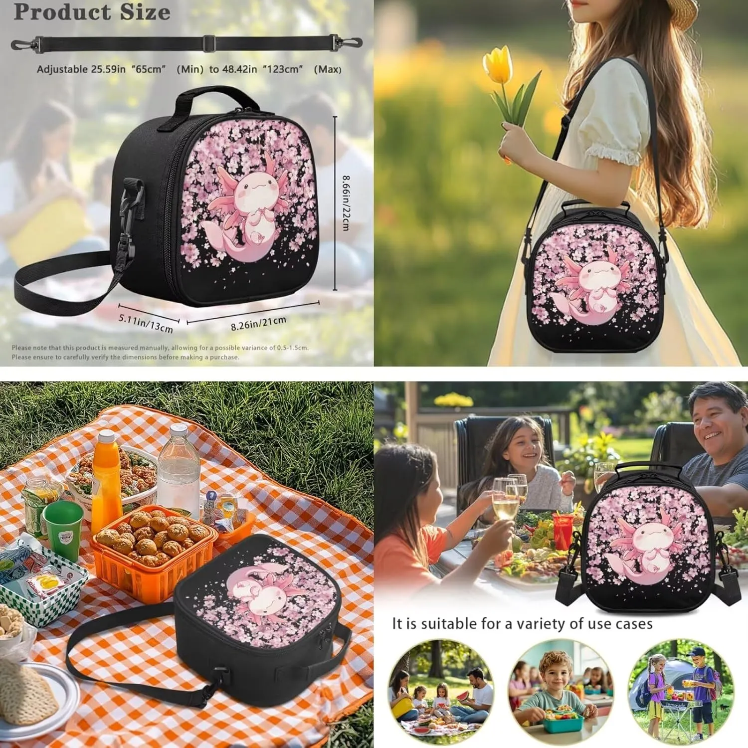 ZFRXIGN Axolotl School Backpack Set with Lunch Box Pencil Case and Cap Sleeve School Bag Pink Cherry Blossom Backpack for Girls 6-8 Casual Cute Daypack Knapsack Set 4 Pack Black