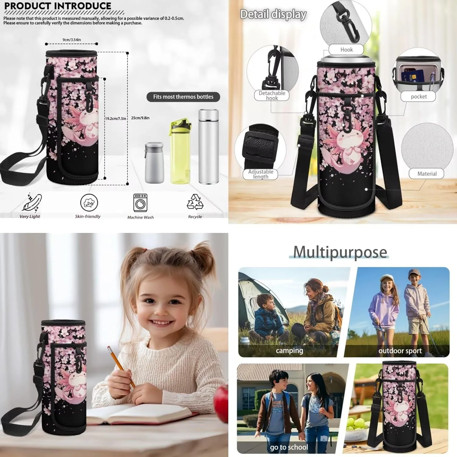 ZFRXIGN Axolotl School Backpack Set with Lunch Box Pencil Case and Cap Sleeve School Bag Pink Cherry Blossom Backpack for Girls 6-8 Casual Cute Daypack Knapsack Set 4 Pack Black