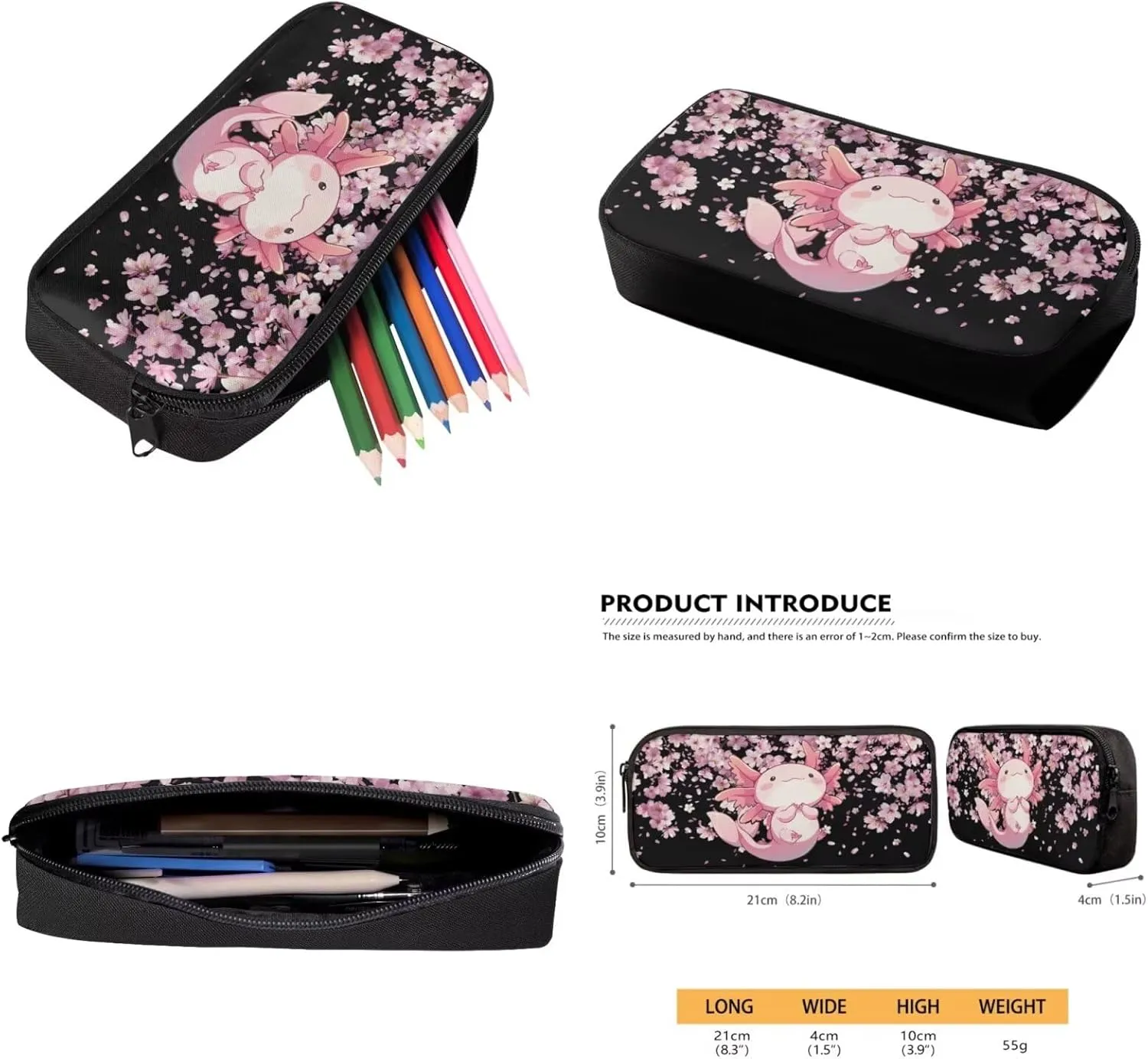 ZFRXIGN Axolotl School Backpack Set with Lunch Box Pencil Case and Cap Sleeve School Bag Pink Cherry Blossom Backpack for Girls 6-8 Casual Cute Daypack Knapsack Set 4 Pack Black