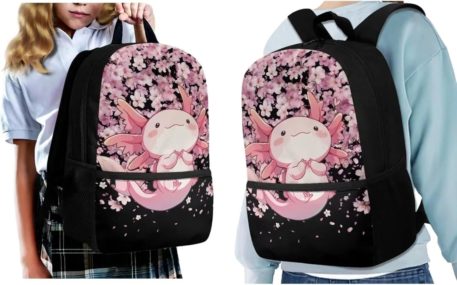 ZFRXIGN Axolotl School Backpack Set with Lunch Box Pencil Case and Cap Sleeve School Bag Pink Cherry Blossom Backpack for Girls 6-8 Casual Cute Daypack Knapsack Set 4 Pack Black