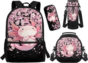 ZFRXIGN Axolotl School Backpack Set with Lunch Box Pencil Case and Cap Sleeve School Bag Pink Cherry Blossom Backpack for Girls 6-8 Casual Cute Daypack Knapsack Set 4 Pack Black