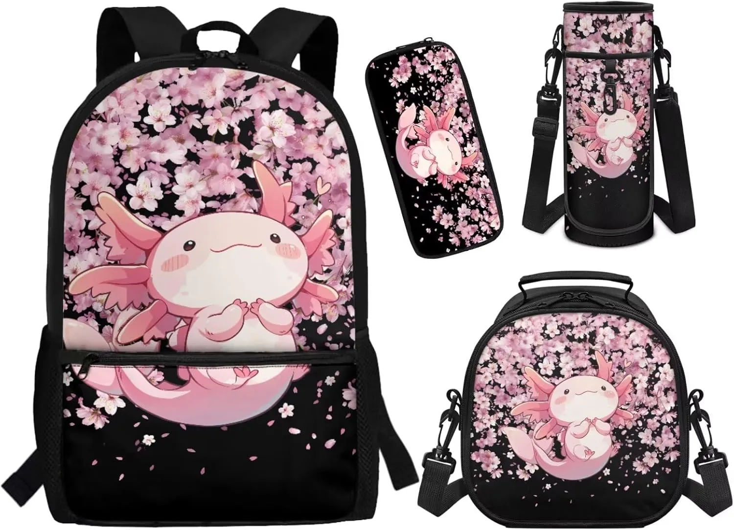 ZFRXIGN Axolotl School Backpack Set with Lunch Box Pencil Case and Cap Sleeve School Bag Pink Cherry Blossom Backpack for Girls 6-8 Casual Cute Daypack Knapsack Set 4 Pack Black