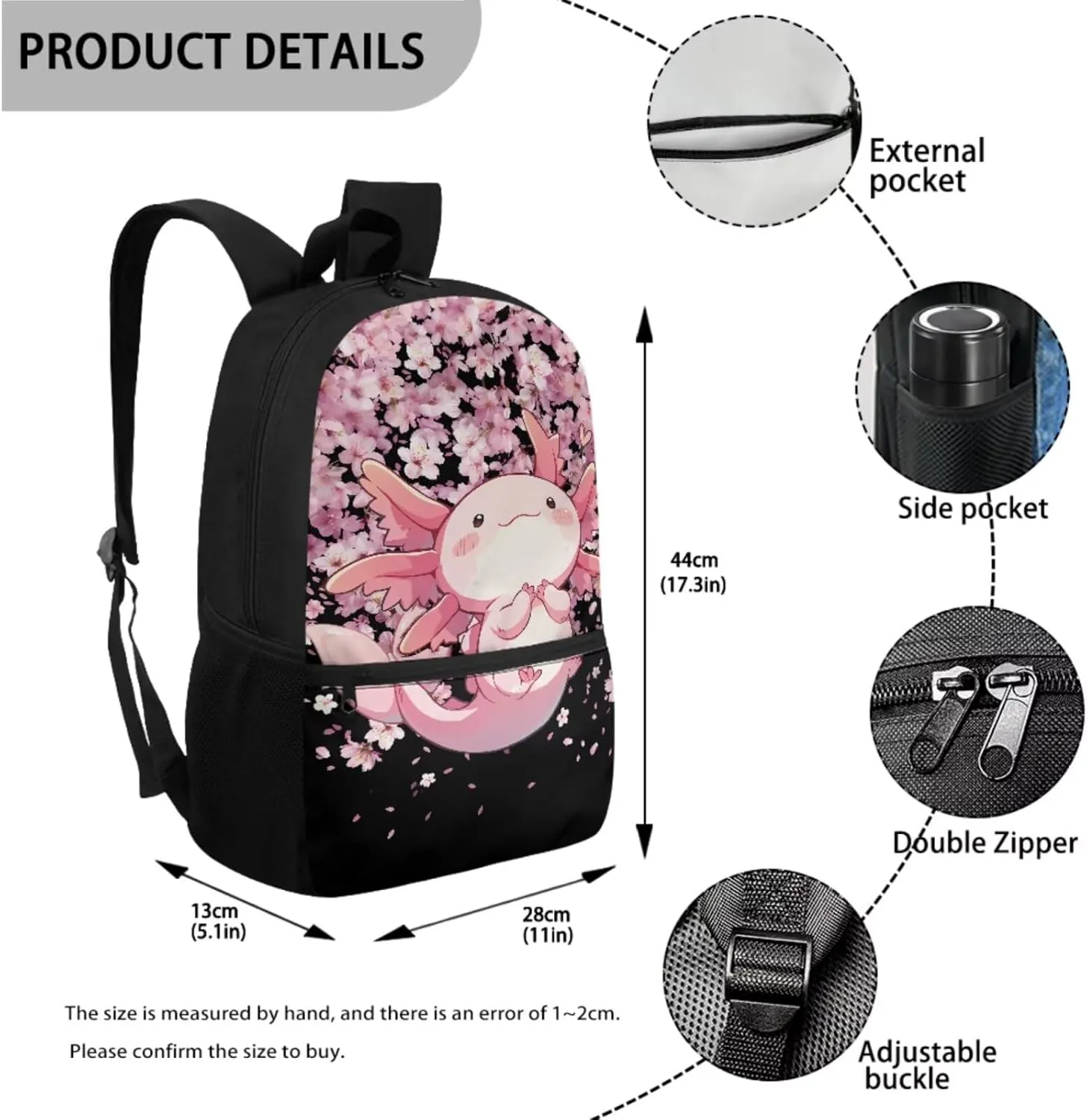 ZFRXIGN Axolotl School Backpack Set with Lunch Box Pencil Case and Cap Sleeve School Bag Pink Cherry Blossom Backpack for Girls 6-8 Casual Cute Daypack Knapsack Set 4 Pack Black