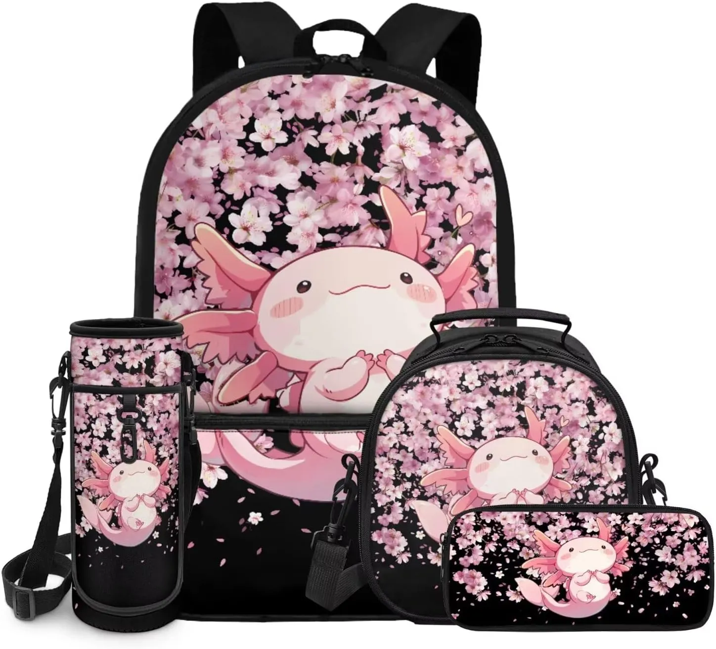 ZFRXIGN Axolotl School Backpack Set with Lunch Box Pencil Case and Cap Sleeve School Bag Pink Cherry Blossom Backpack for Girls 6-8 Casual Cute Daypack Knapsack Set 4 Pack Black