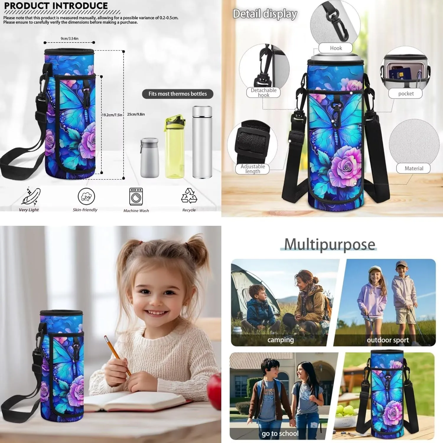 ZFRXIGN Blue Butterfly Backpack for Girls for School Bag Rose Print Front Pockets Bookbag Elementary Lunch Box Cap Sleeve Crossbody Purse Pencil Pouch Case Rucksack 4 Pieces
