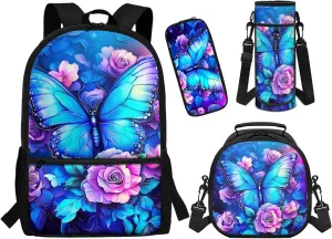 ZFRXIGN Blue Butterfly Backpack for Girls for School Bag Rose Print Front Pockets Bookbag Elementary Lunch Box Cap Sleeve Crossbody Purse Pencil Pouch Case Rucksack 4 Pieces