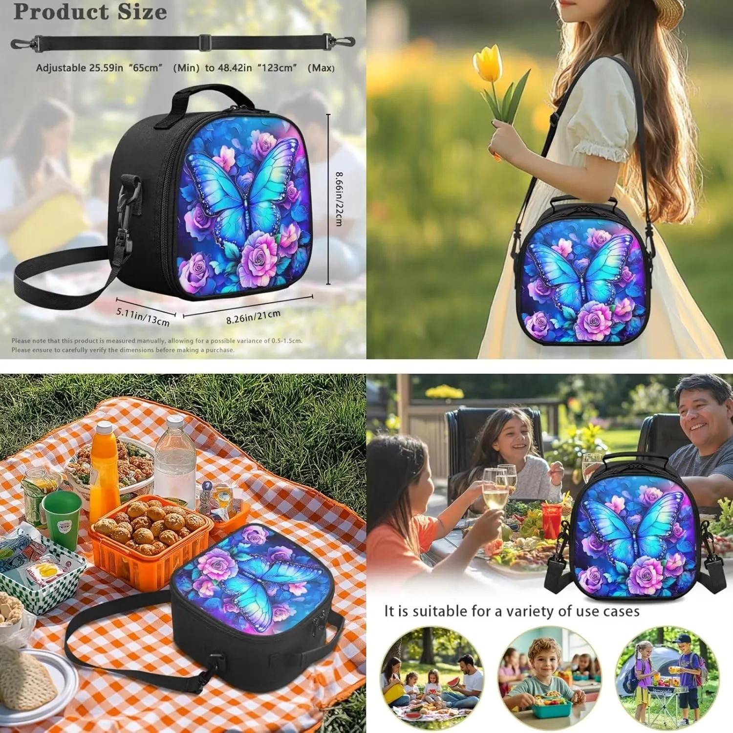 ZFRXIGN Blue Butterfly Backpack for Girls for School Bag Rose Print Front Pockets Bookbag Elementary Lunch Box Cap Sleeve Crossbody Purse Pencil Pouch Case Rucksack 4 Pieces