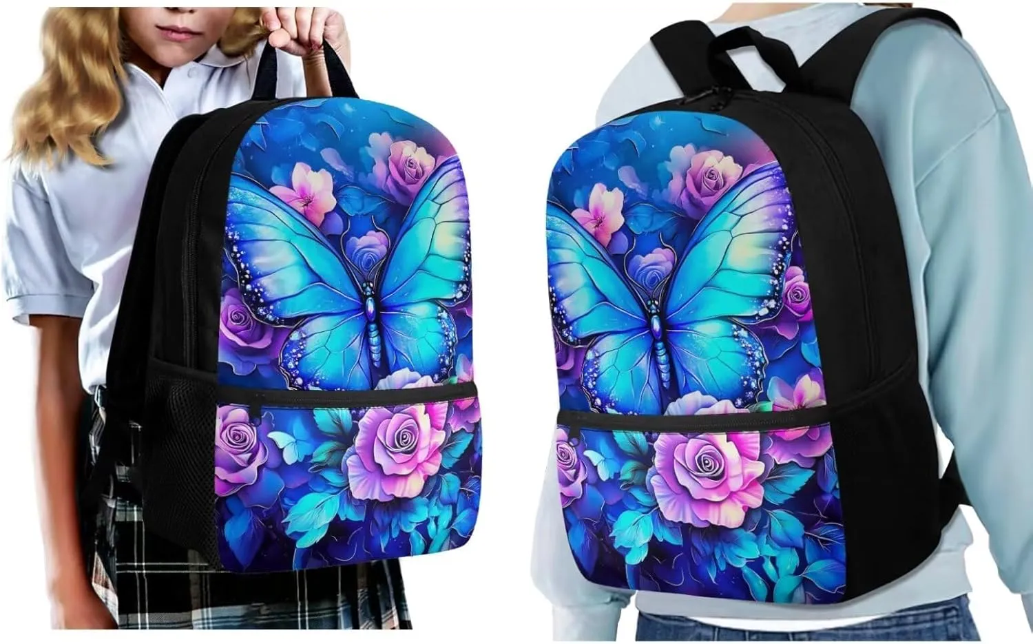 ZFRXIGN Blue Butterfly Backpack for Girls for School Bag Rose Print Front Pockets Bookbag Elementary Lunch Box Cap Sleeve Crossbody Purse Pencil Pouch Case Rucksack 4 Pieces