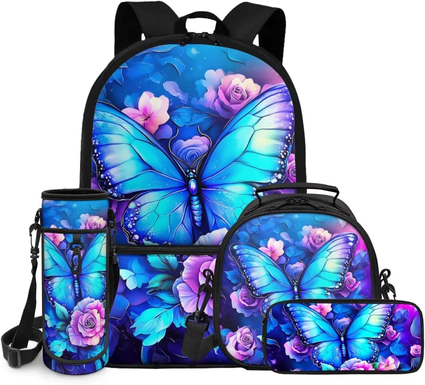 ZFRXIGN Blue Butterfly Backpack for Girls for School Bag Rose Print Front Pockets Bookbag Elementary Lunch Box Cap Sleeve Crossbody Purse Pencil Pouch Case Rucksack 4 Pieces