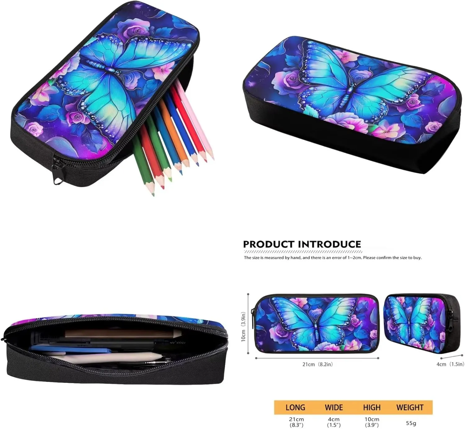 ZFRXIGN Blue Butterfly Backpack for Girls for School Bag Rose Print Front Pockets Bookbag Elementary Lunch Box Cap Sleeve Crossbody Purse Pencil Pouch Case Rucksack 4 Pieces