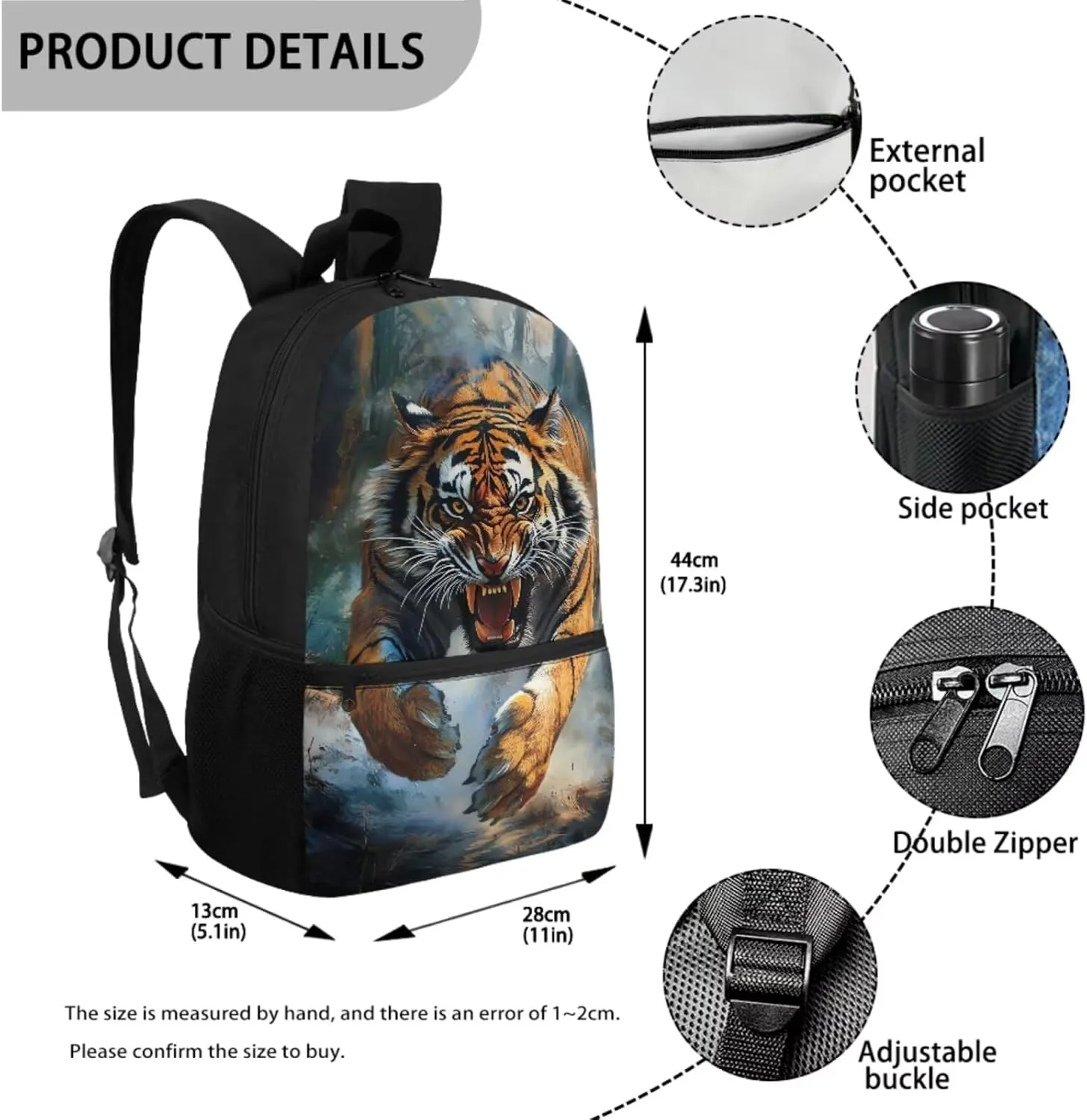 ZFRXIGN Cool Tiger School Backpack with Lunch Bag for Kids 10-12 Lightweight Zipper Pencil Pouch Water Bottle Holder with Strap Large Capacity Bookbag School Supplies Purse