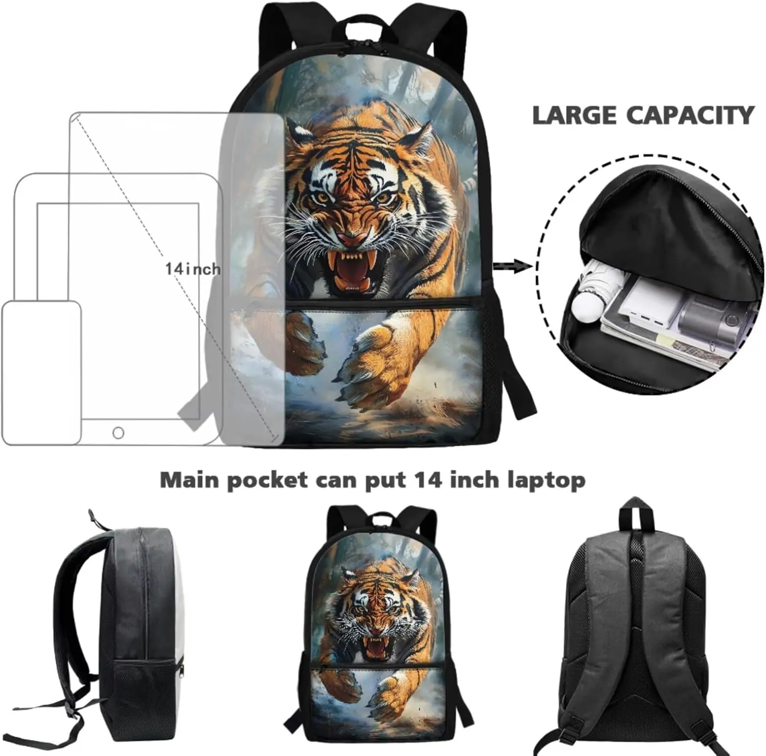 ZFRXIGN Cool Tiger School Backpack with Lunch Bag for Kids 10-12 Lightweight Zipper Pencil Pouch Water Bottle Holder with Strap Large Capacity Bookbag School Supplies Purse
