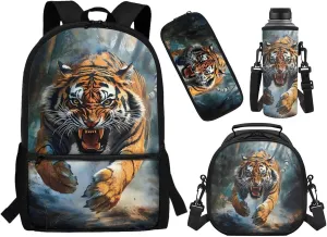 ZFRXIGN Cool Tiger School Backpack with Lunch Bag for Kids 10-12 Lightweight Zipper Pencil Pouch Water Bottle Holder with Strap Large Capacity Bookbag School Supplies Purse