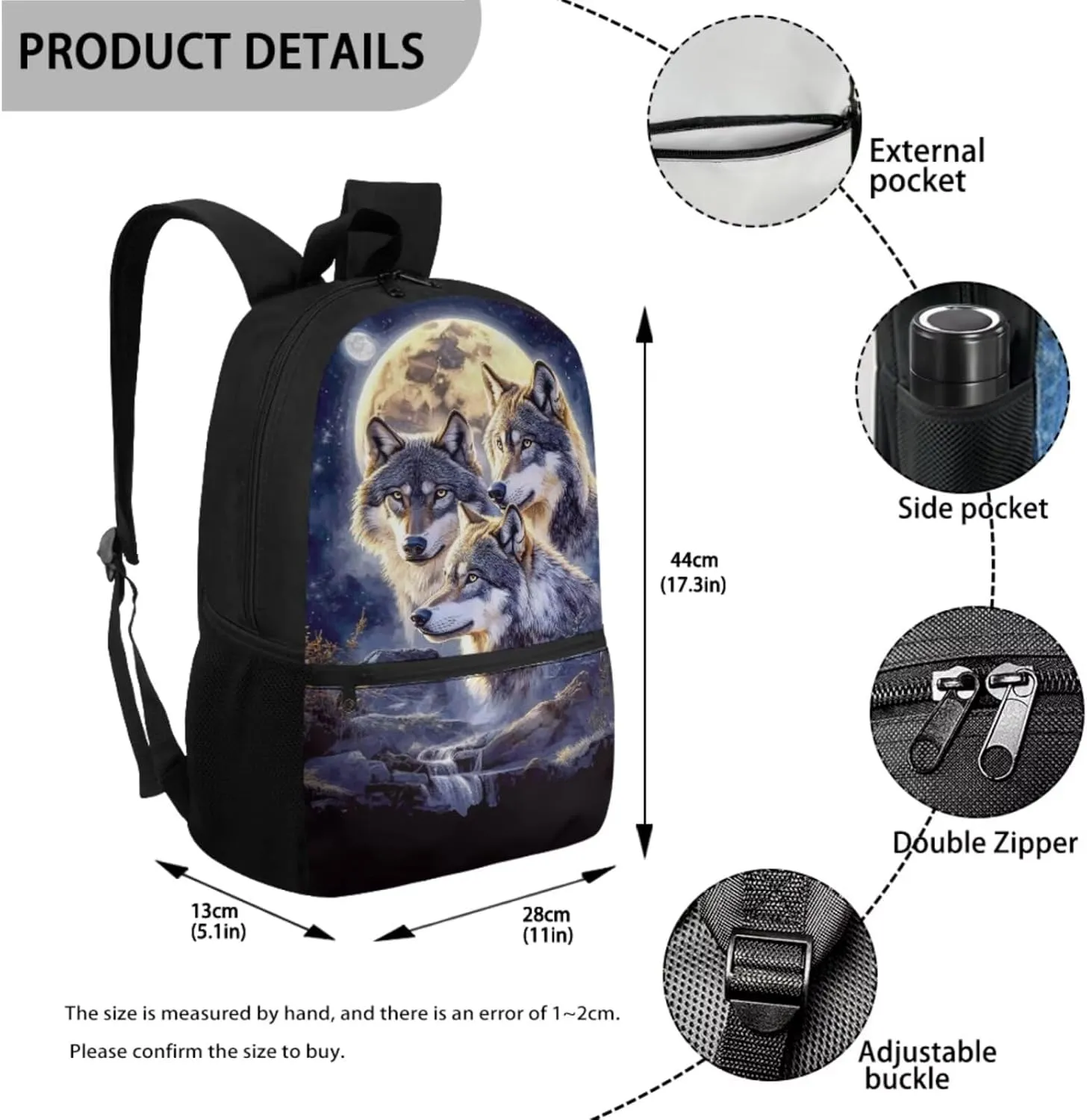 ZFRXIGN Wolf Backpack for School Bookbag with Lunch Bag Zipper Pencil Pouch Water Bottle Holder Elementary School Bag Set 17 Inch Travel Backbag Front Pockets Rucksack Moon Night