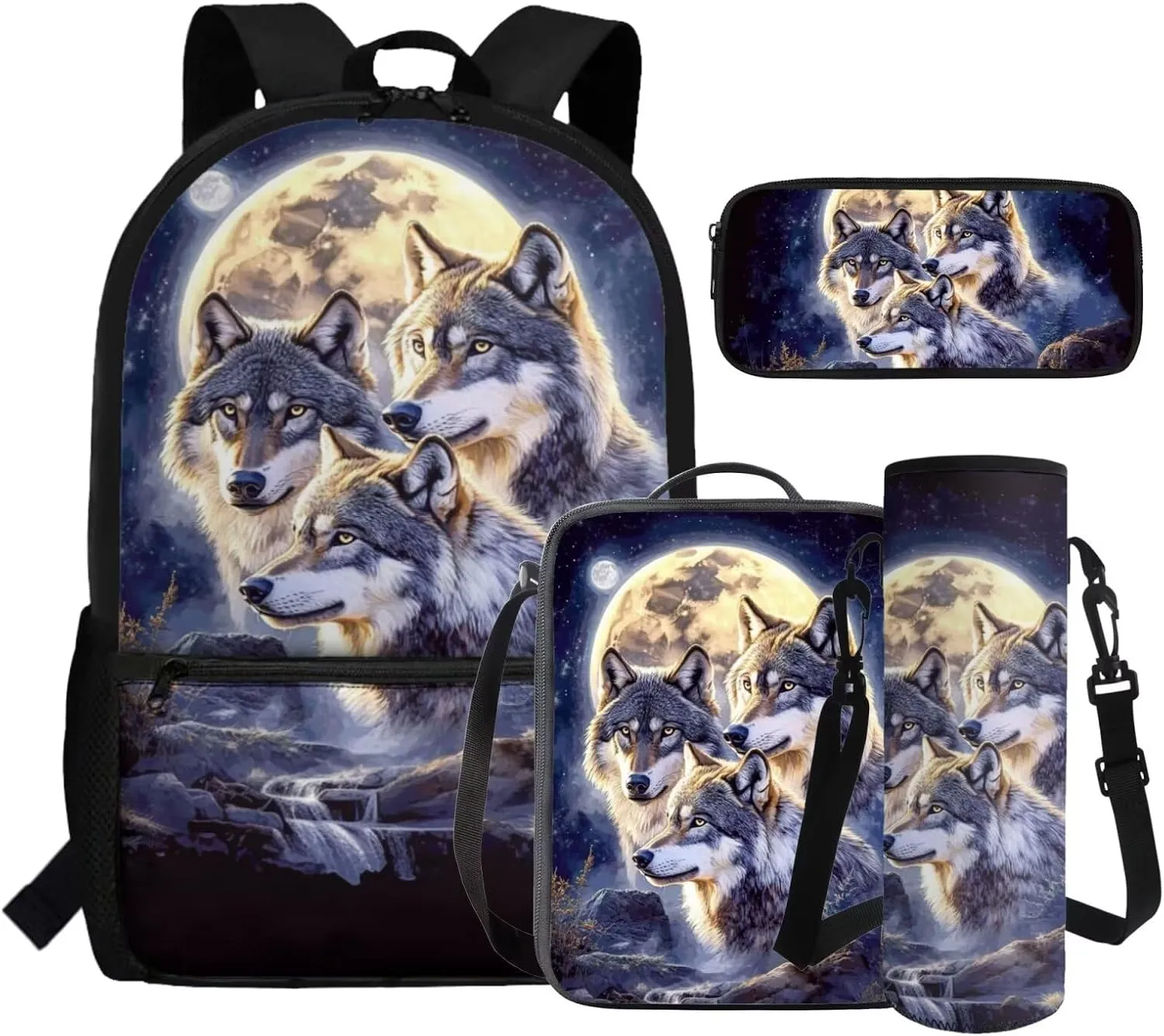 ZFRXIGN Wolf Backpack for School Bookbag with Lunch Bag Zipper Pencil Pouch Water Bottle Holder Elementary School Bag Set 17 Inch Travel Backbag Front Pockets Rucksack Moon Night