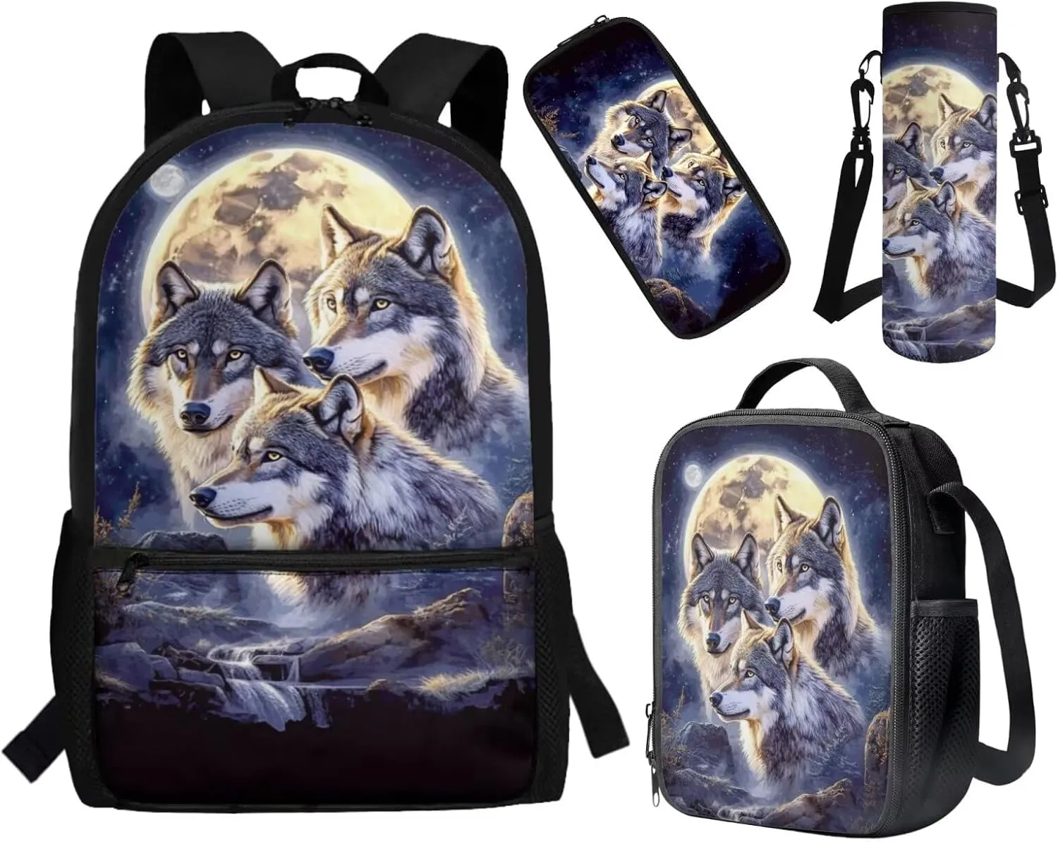 ZFRXIGN Wolf Backpack for School Bookbag with Lunch Bag Zipper Pencil Pouch Water Bottle Holder Elementary School Bag Set 17 Inch Travel Backbag Front Pockets Rucksack Moon Night