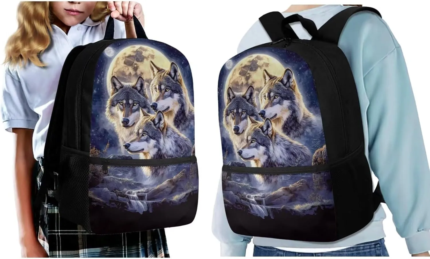 ZFRXIGN Wolf Backpack for School Bookbag with Lunch Bag Zipper Pencil Pouch Water Bottle Holder Elementary School Bag Set 17 Inch Travel Backbag Front Pockets Rucksack Moon Night