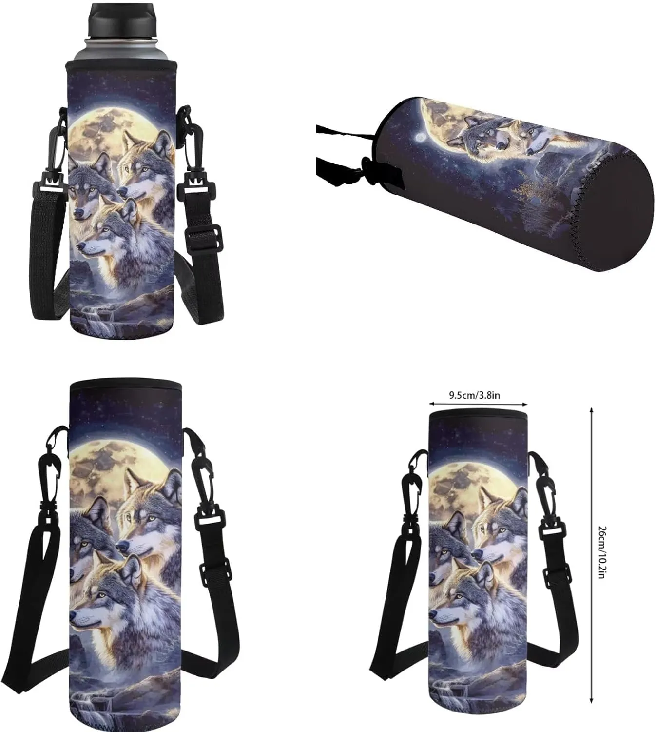 ZFRXIGN Wolf Backpack for School Bookbag with Lunch Bag Zipper Pencil Pouch Water Bottle Holder Elementary School Bag Set 17 Inch Travel Backbag Front Pockets Rucksack Moon Night