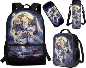 ZFRXIGN Wolf Backpack for School Bookbag with Lunch Bag Zipper Pencil Pouch Water Bottle Holder Elementary School Bag Set 17 Inch Travel Backbag Front Pockets Rucksack Moon Night