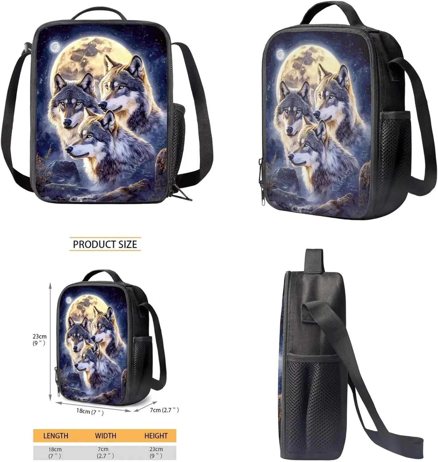 ZFRXIGN Wolf Backpack for School Bookbag with Lunch Bag Zipper Pencil Pouch Water Bottle Holder Elementary School Bag Set 17 Inch Travel Backbag Front Pockets Rucksack Moon Night