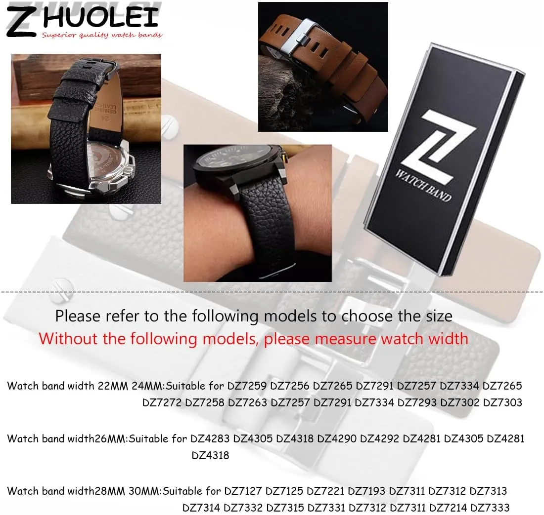 ZHUOLEI Diesel Calfskin Leather Watch Band Litchi Pattern Strap with Tool 22mm 24mm 26mm 28mm 30mm Replacement for Men's Diesel Watches