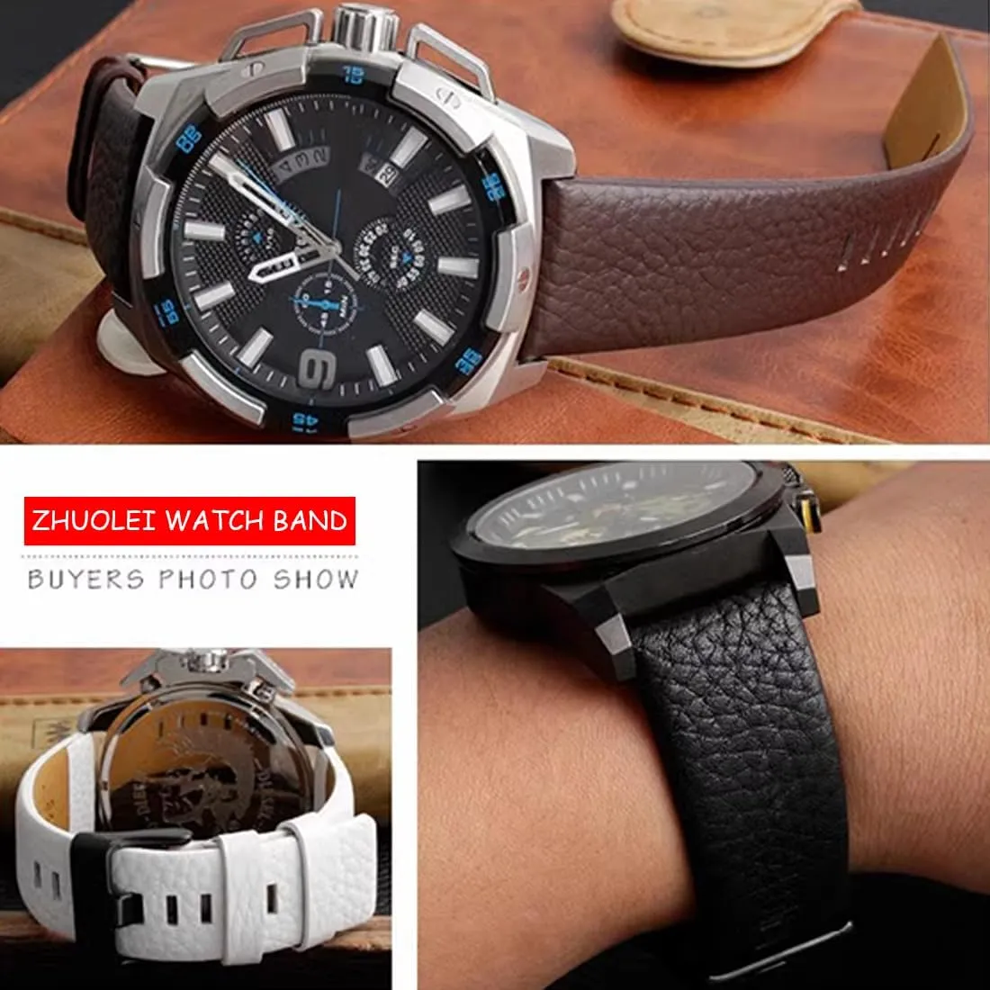 ZHUOLEI Diesel Calfskin Leather Watch Band Litchi Pattern Strap with Tool 22mm 24mm 26mm 28mm 30mm Replacement for Men's Diesel Watches
