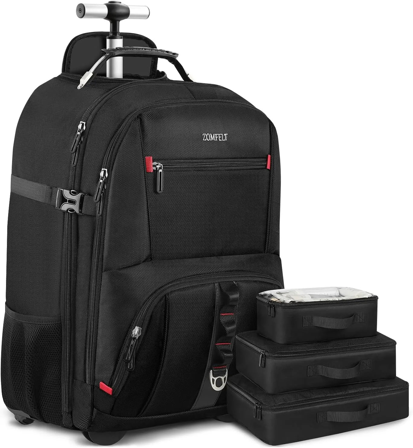 ZOMFELT Rolling Backpack, Travel Backpack with Wheels, Carry on Backpacks with 3 Packing Cubes, 17.3 Inch Wheeled Laptop Backpack for Men Women Adults to Travel Work Business Black