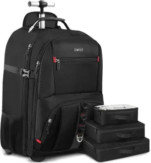 ZOMFELT Rolling Backpack, Travel Backpack with Wheels, Carry on Backpacks with 3 Packing Cubes, 17.3 Inch Wheeled Laptop Backpack for Men Women Adults to Travel Work Business Black